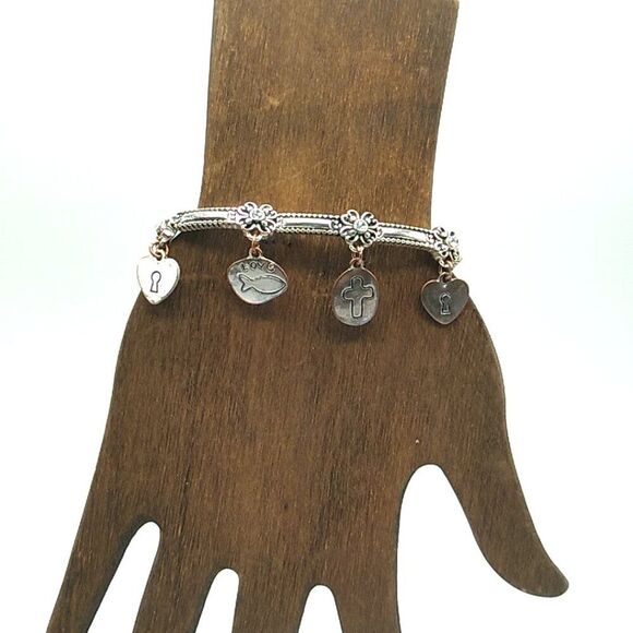 Inspirational Cross, Heart, Fish Stretch Silver-tone Charm Bracelet - Picture 8 of 8